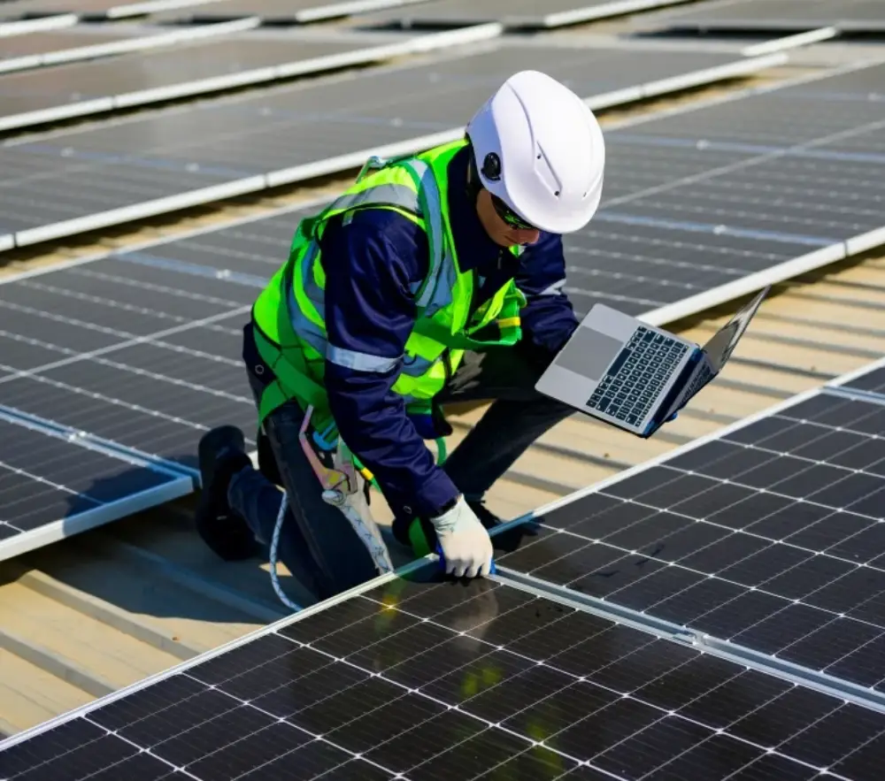 Solar technician checking a roof-mounted installation