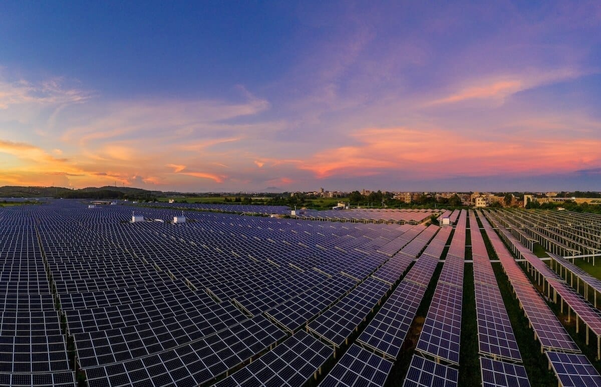 Rows of solar panels beneath an evening sky